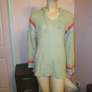 Vtg 70s CROCHET Open Knit Size L SWEATER Pullover HOODIE Tassels POCKETS Beach